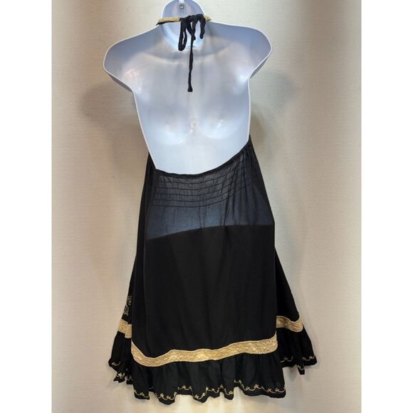 Womens Semi Sheer Halter Dress Black Gold Flowy Embroidered Boho Open Back Beach - Picture 2 of 9